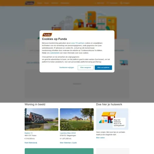 Screenshot of the website of funda.nl