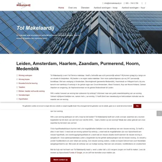 Screenshot van de website van www.tolmakelaardij.nl