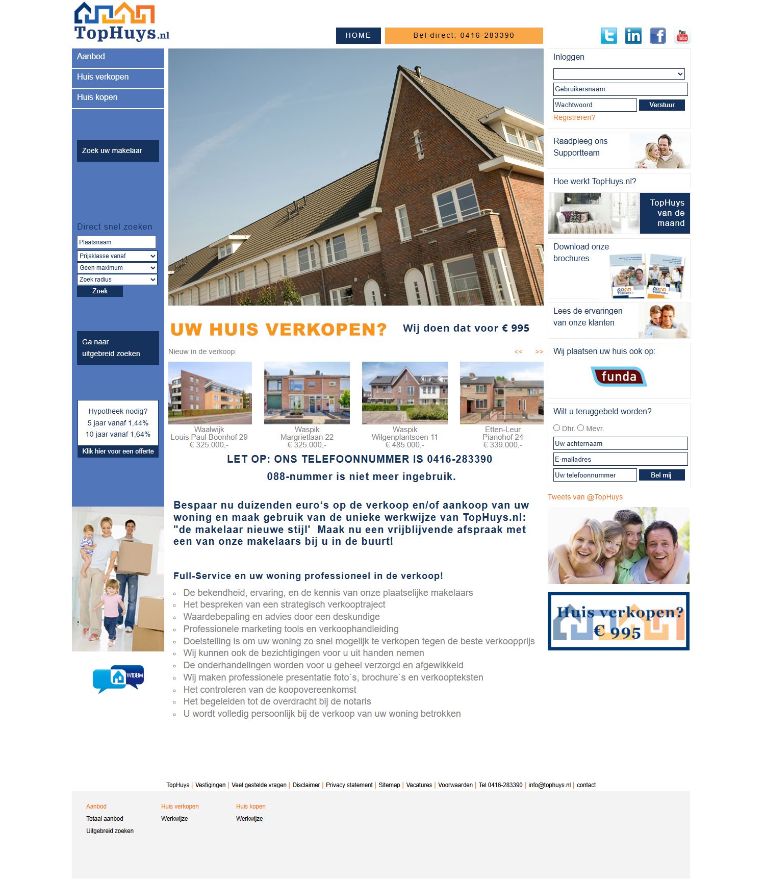 Screenshot of the website of www.tophuys.nl