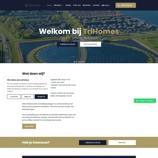 Screenshot van de website van www.trihomes.nl