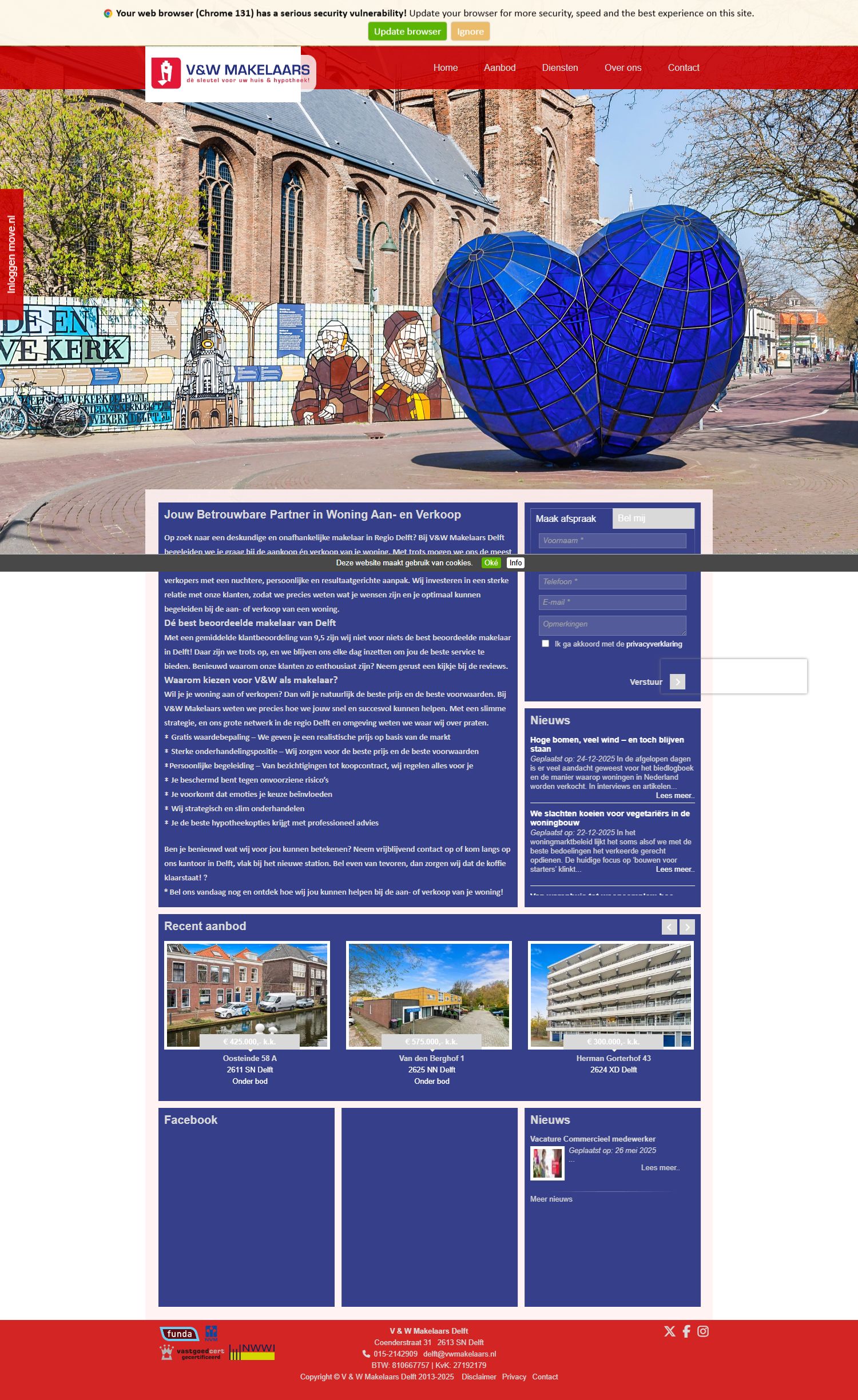 Capture d'écran du site web de delft.vwmakelaars.nl