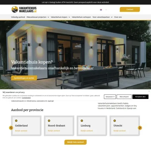 Screenshot van de website van vakantiehuismakelaars.nl