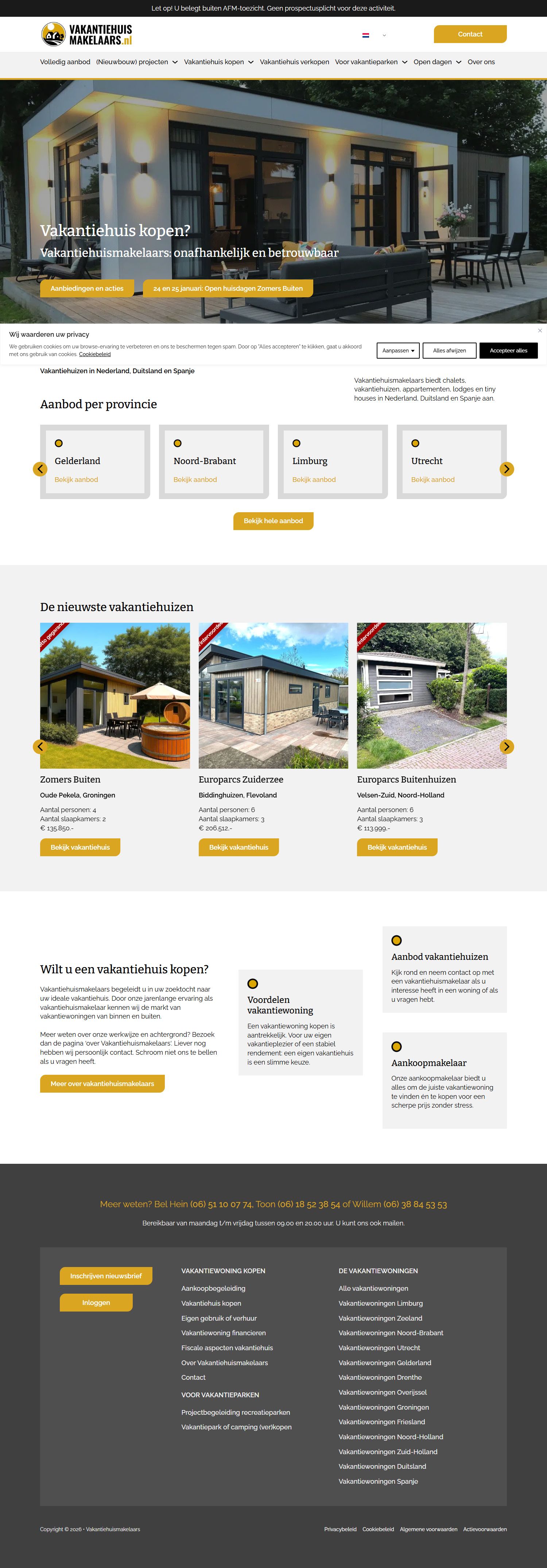 Capture d'écran du site web de vakantiehuismakelaars.nl