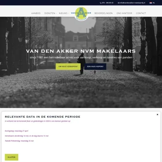 Screenshot of the website of www.vandenakker-makelaardij.nl