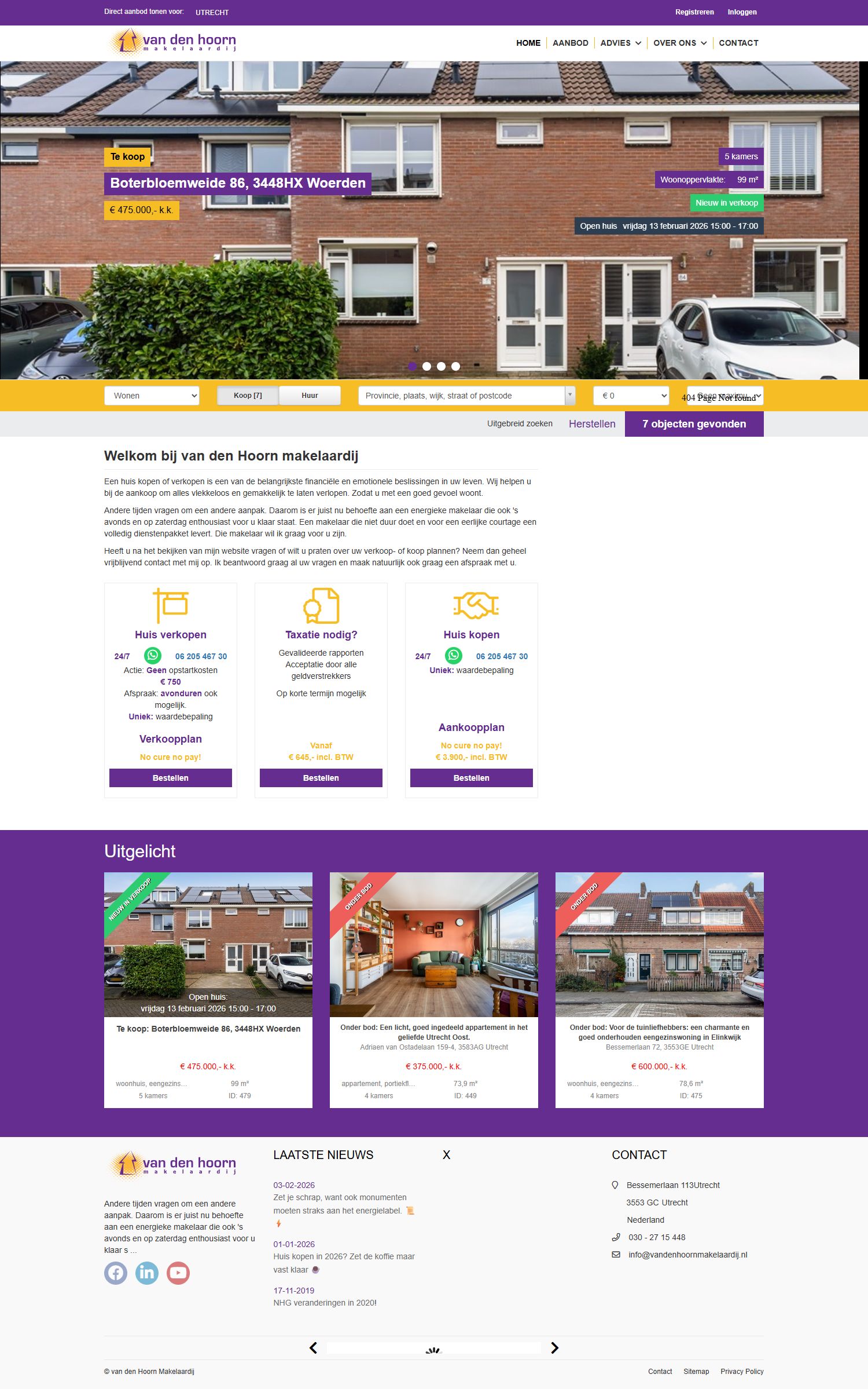 Screenshot der Website von www.vandenhoornmakelaardij.nl