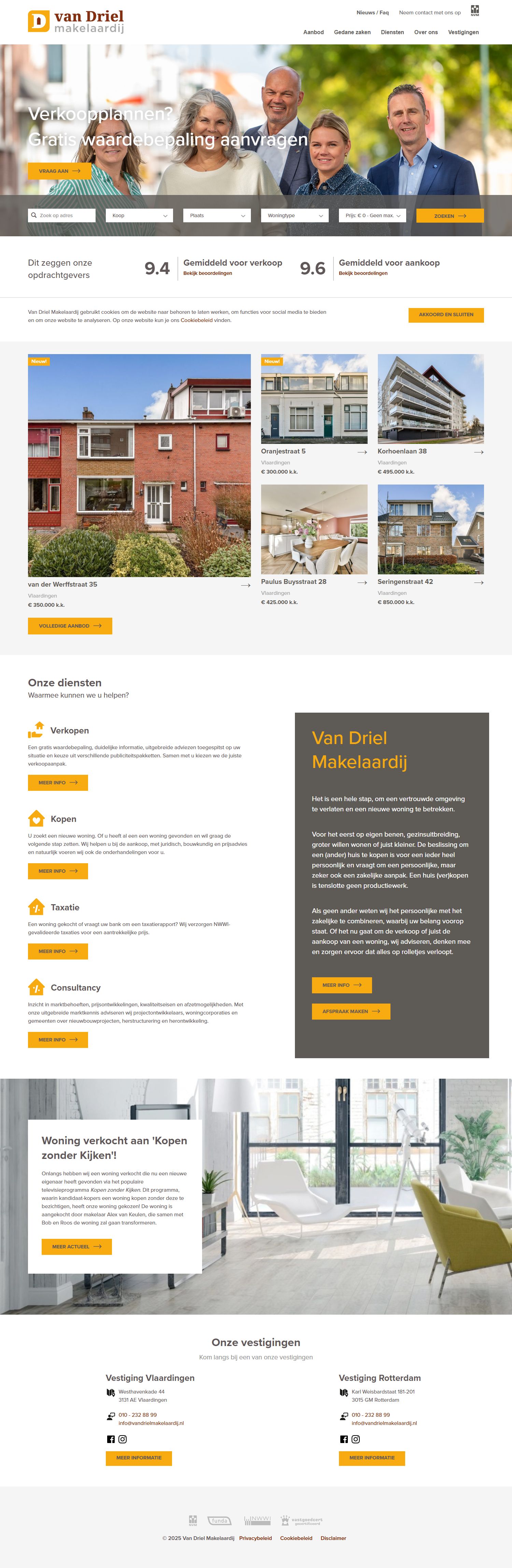 Screenshot of the website of www.vandrielmakelaardij.nl