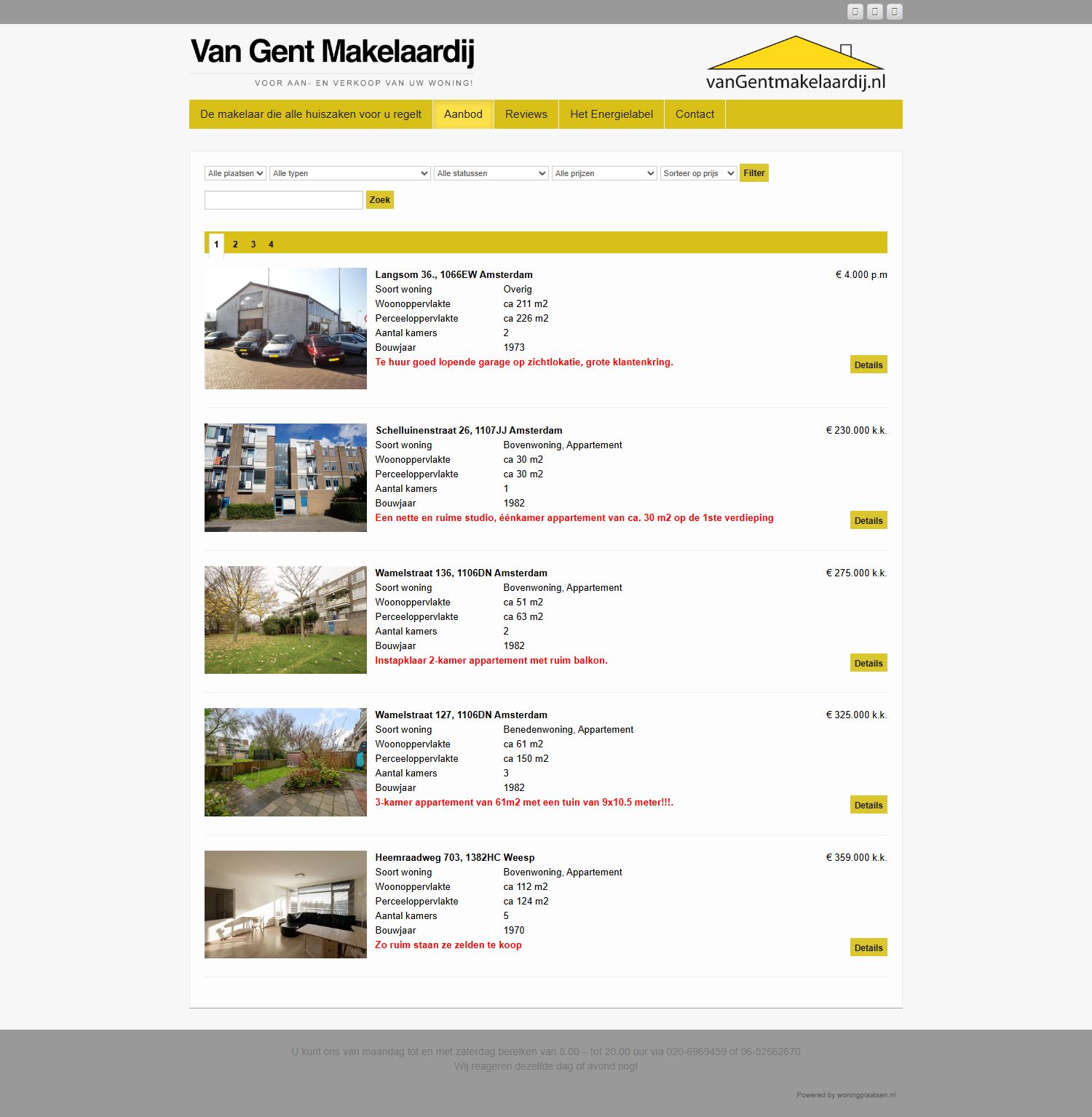 Screenshot of the website of www.vangentmakelaardij.com