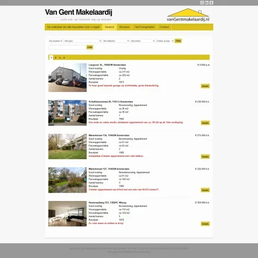 Capture d'écran du site web de www.vangentmakelaardij.com