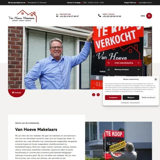 Screenshot van de website van www.vanhoevemakelaars.nl