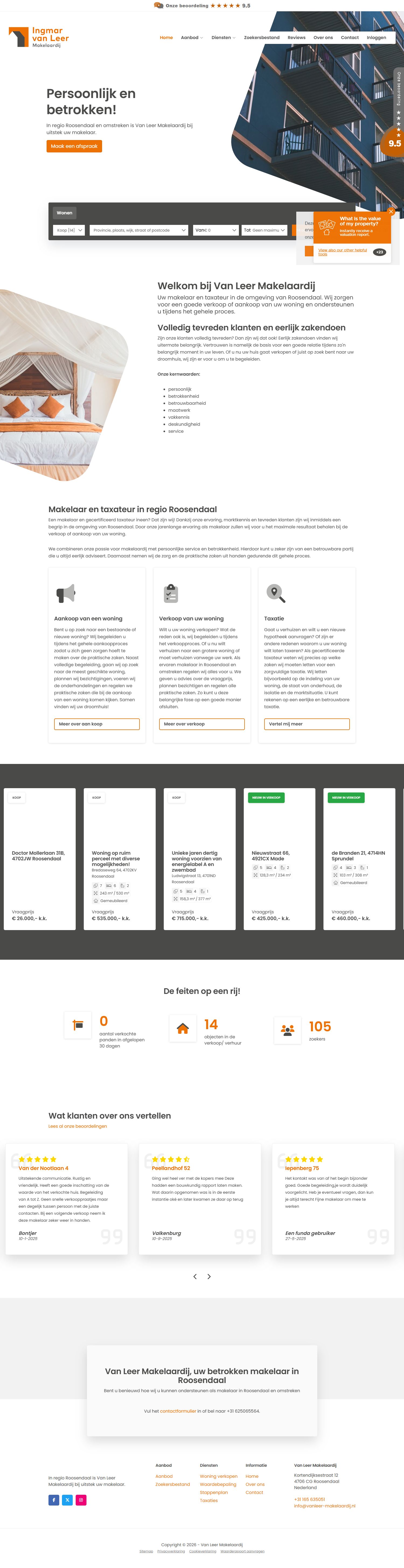 Screenshot of the website of www.vanleer-makelaardij.nl
