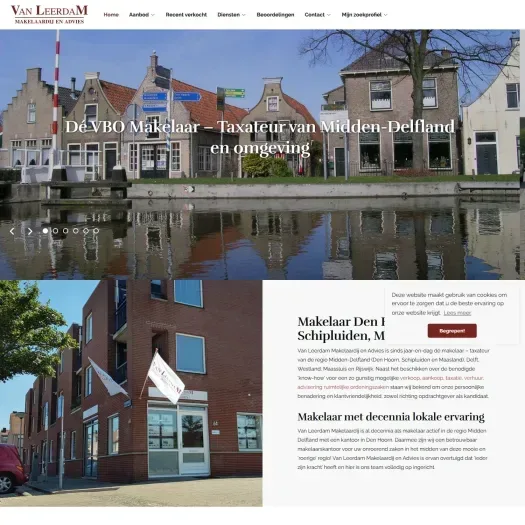 Screenshot van de website van www.vanleerdammakelaardij.nl