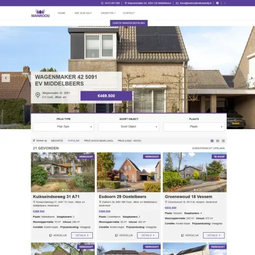 Screenshot van de website van www.wanrooijmakelaardij.nl