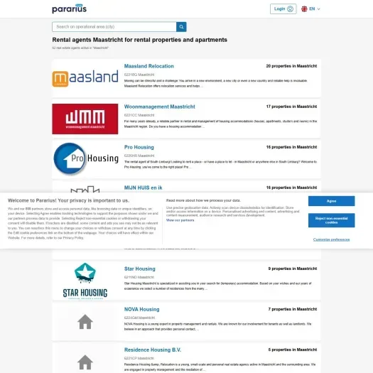 Screenshot van de website van www.pararius.com