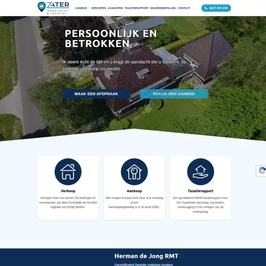 Screenshot van de website van www.zatermakelaardij.nl
