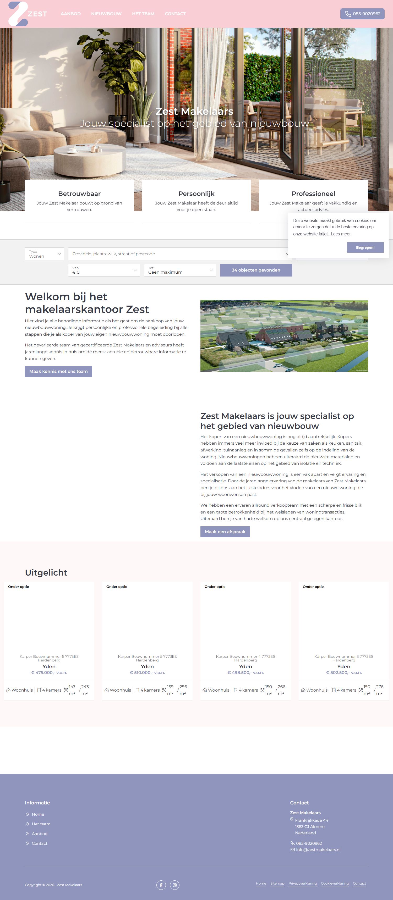 Screenshot van de website van www.zestmakelaars.nl