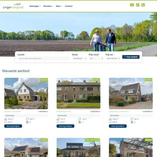 Screenshot der Website von www.zingervastgoed.nl