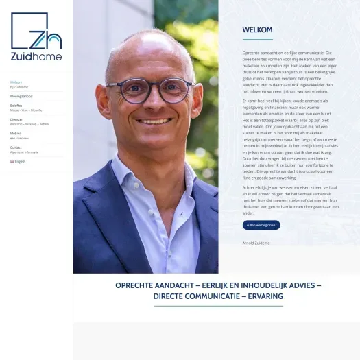 Screenshot van de website van www.zuidhome.nl