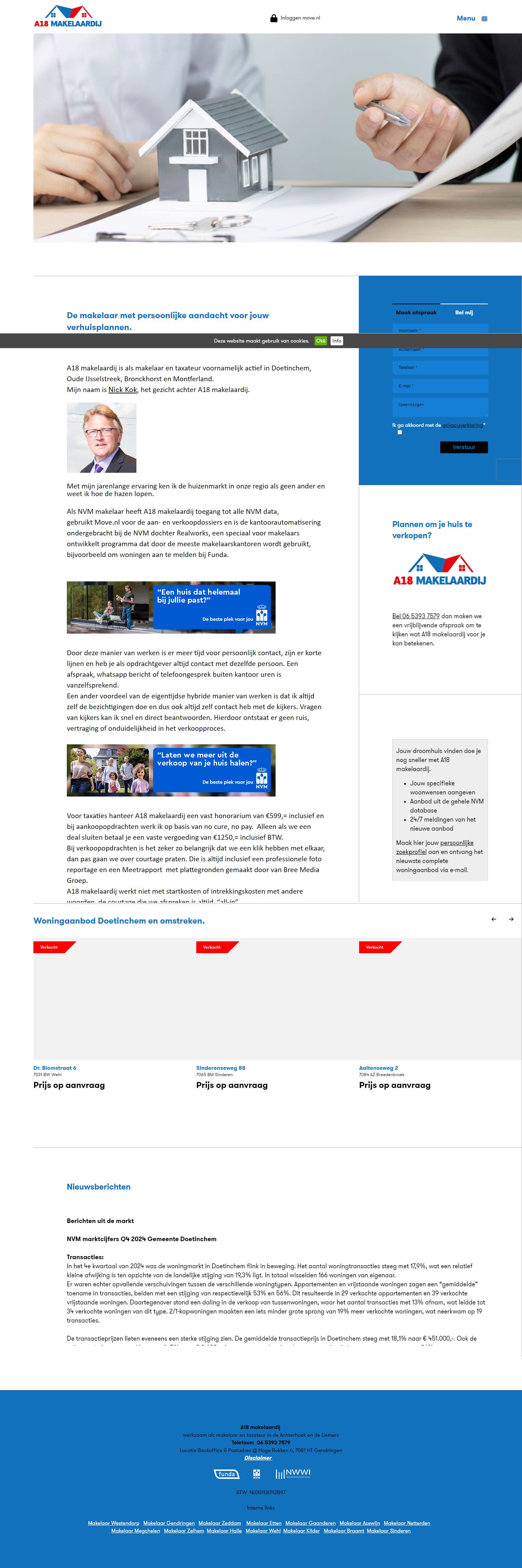 Screenshot van de website van www.a18makelaardij.nl