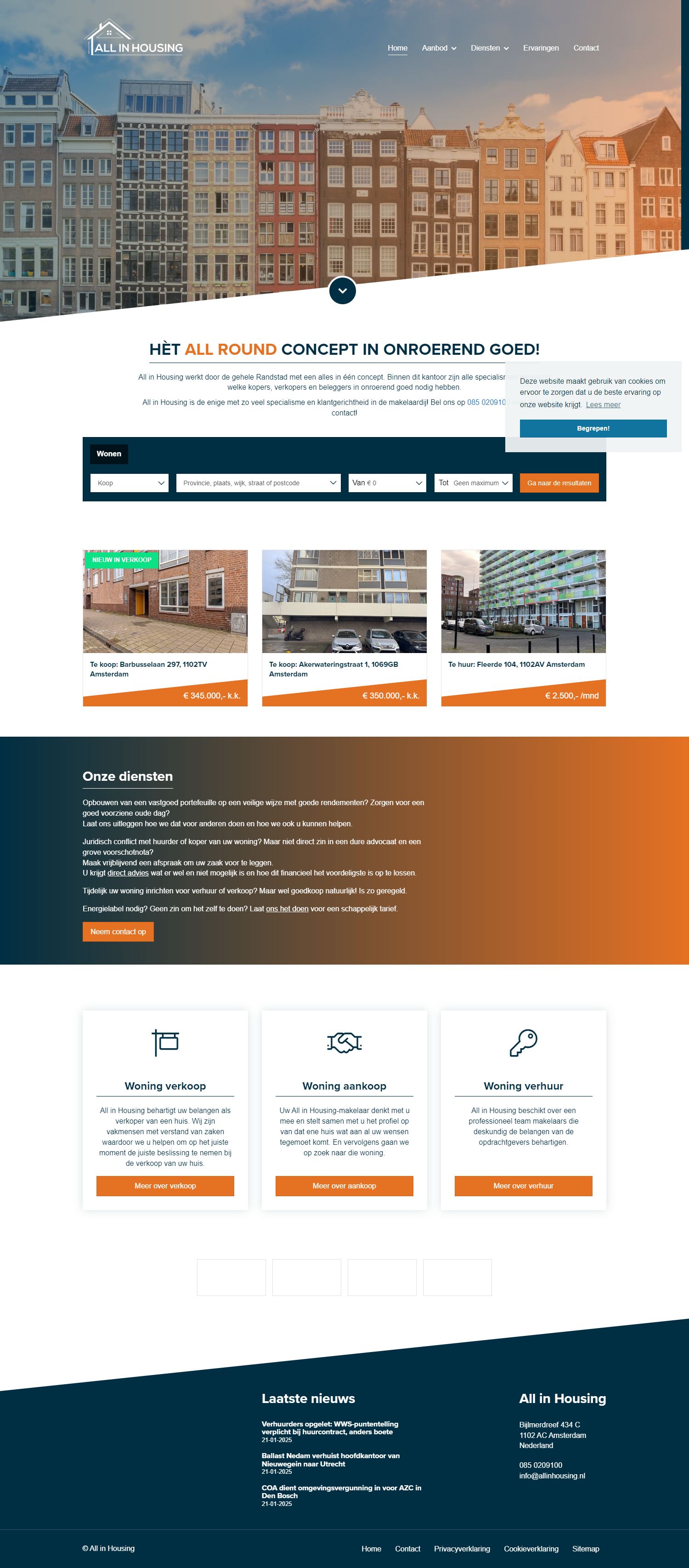 Screenshot van de website van www.allinhousing.nl