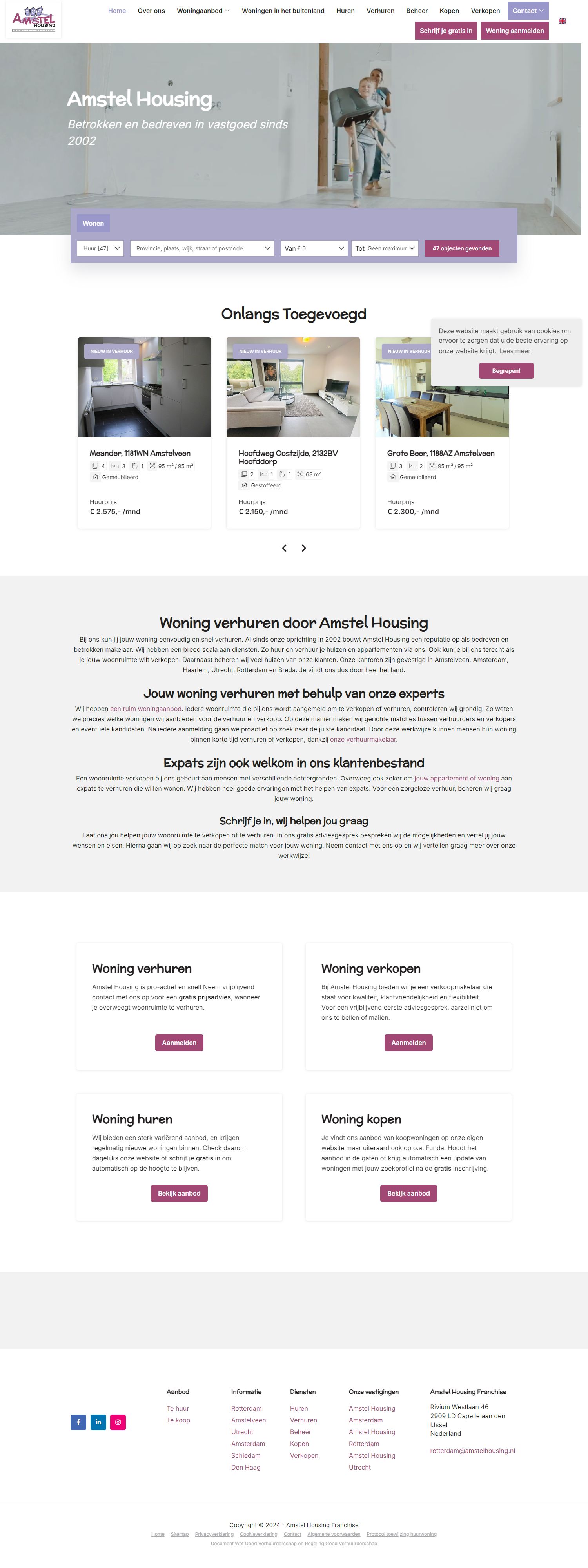 Screenshot van de website van www.amstelhousing.nl