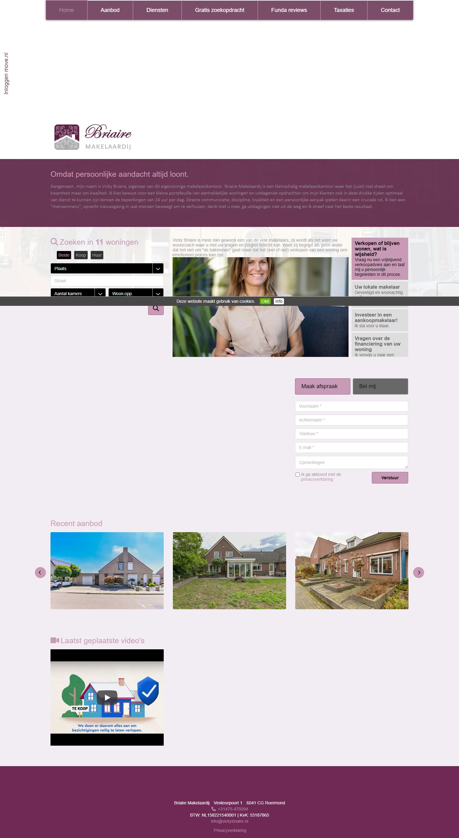 Screenshot van de website van www.vickybriaire.nl