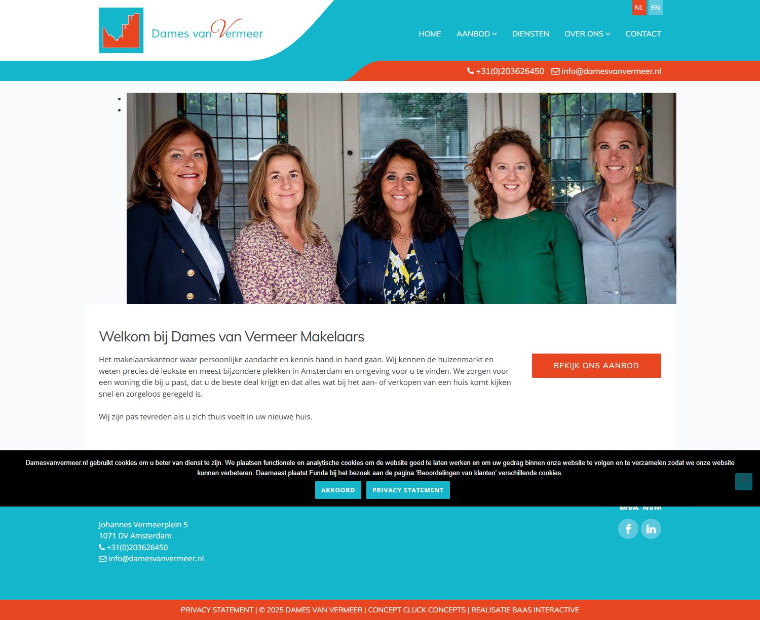 Screenshot of the website of www.damesvanvermeer.nl