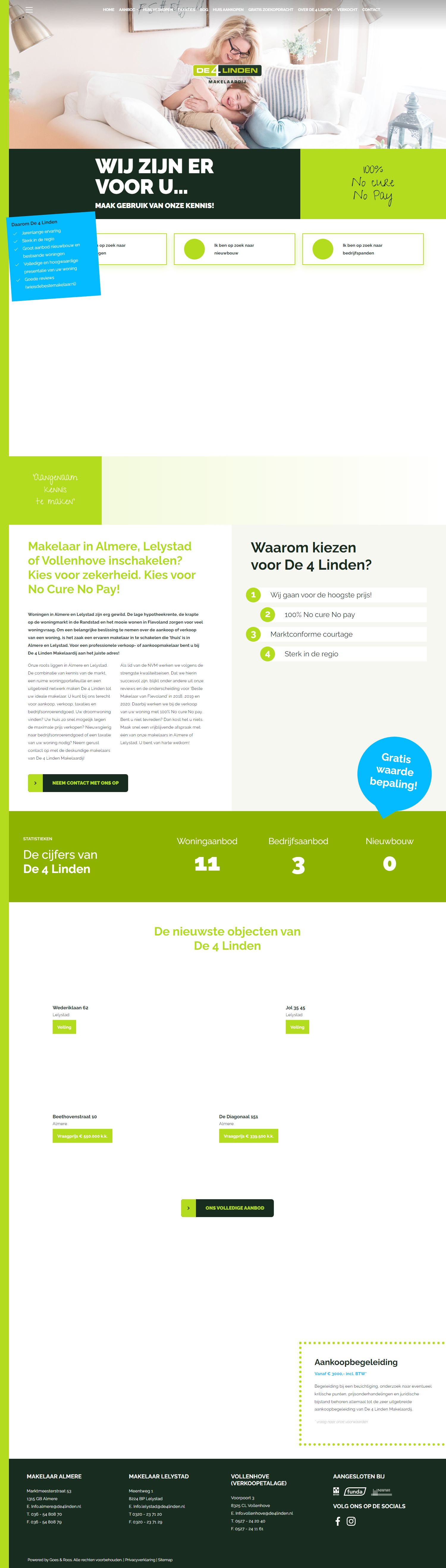 Screenshot van de website van www.de4linden.nl