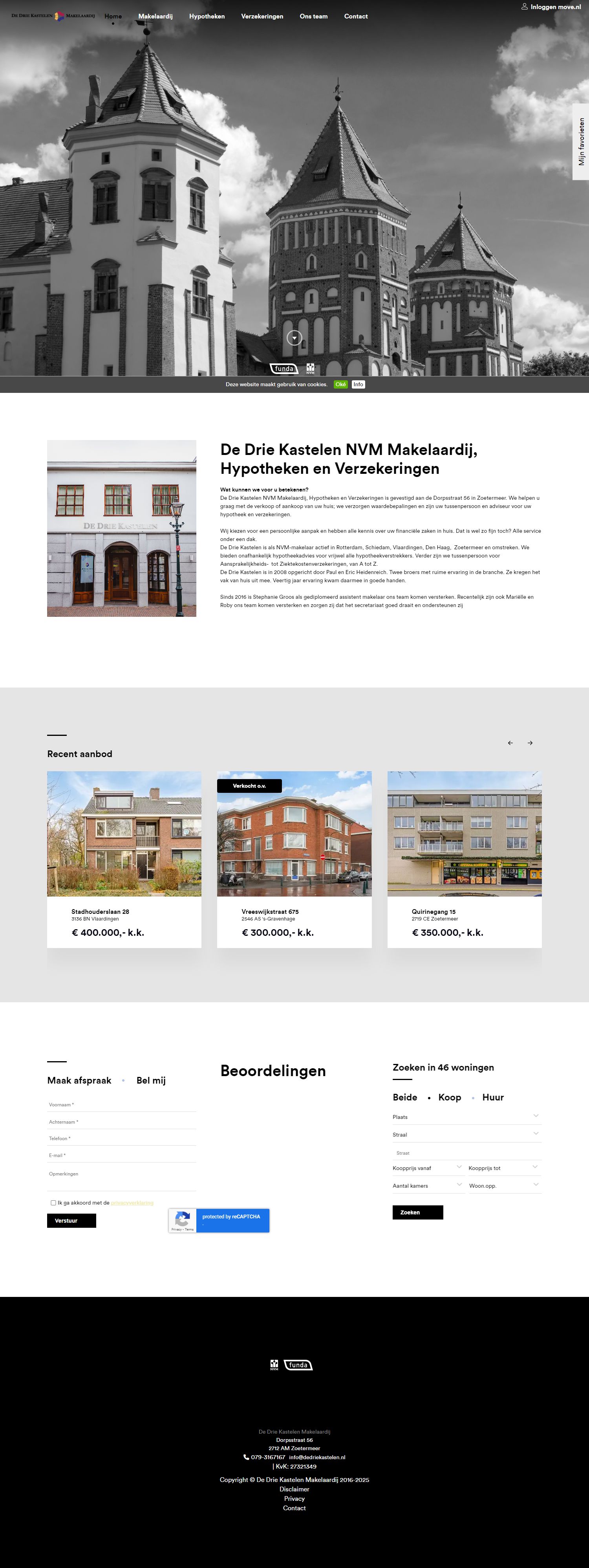 Screenshot van de website van www.dedriekastelen.nl