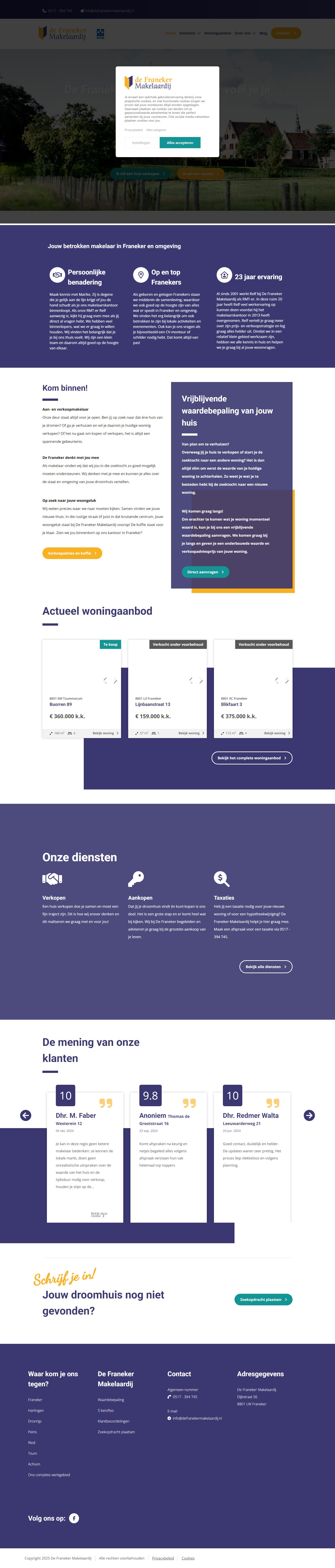 Screenshot van de website van www.defranekermakelaardij.nl