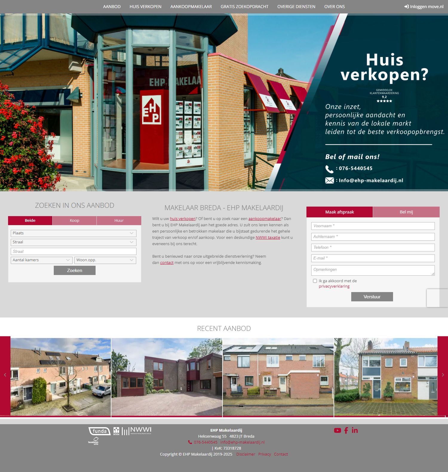 Screenshot van de website van www.ehp-makelaardij.nl