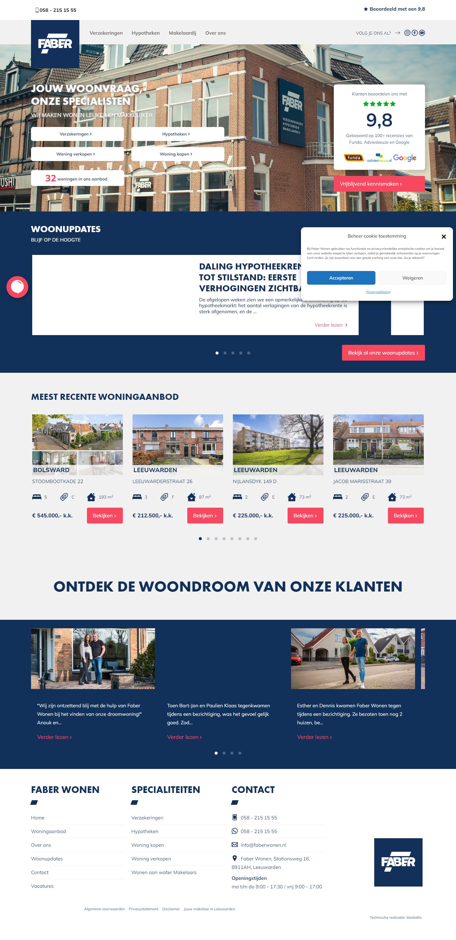 Screenshot van de website van www.faberwonen.nl