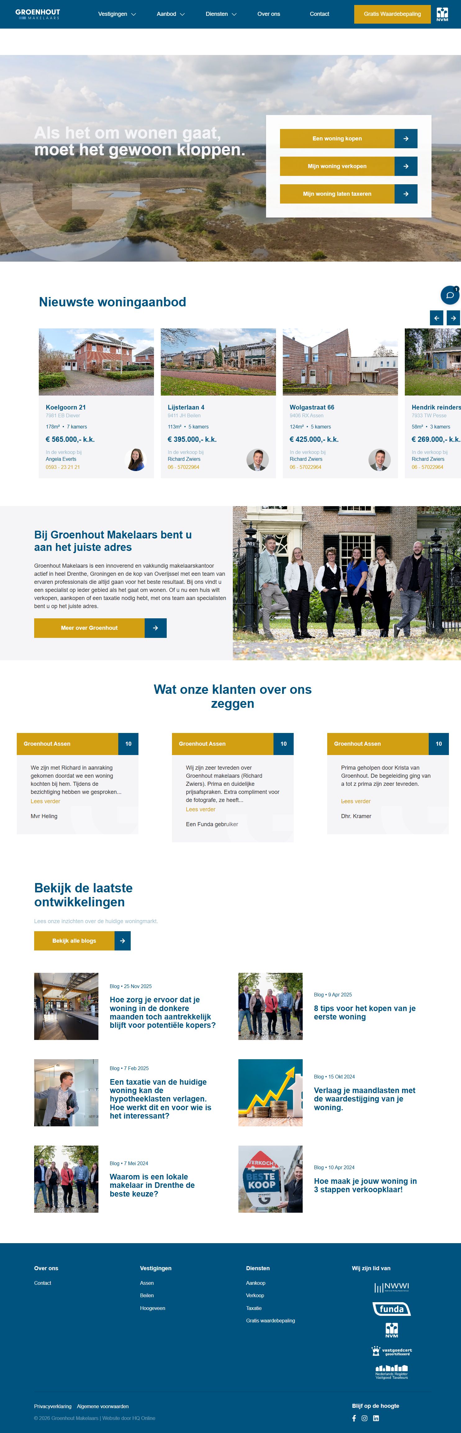 Screenshot van de website van www.groenhoutmakelaars.nl