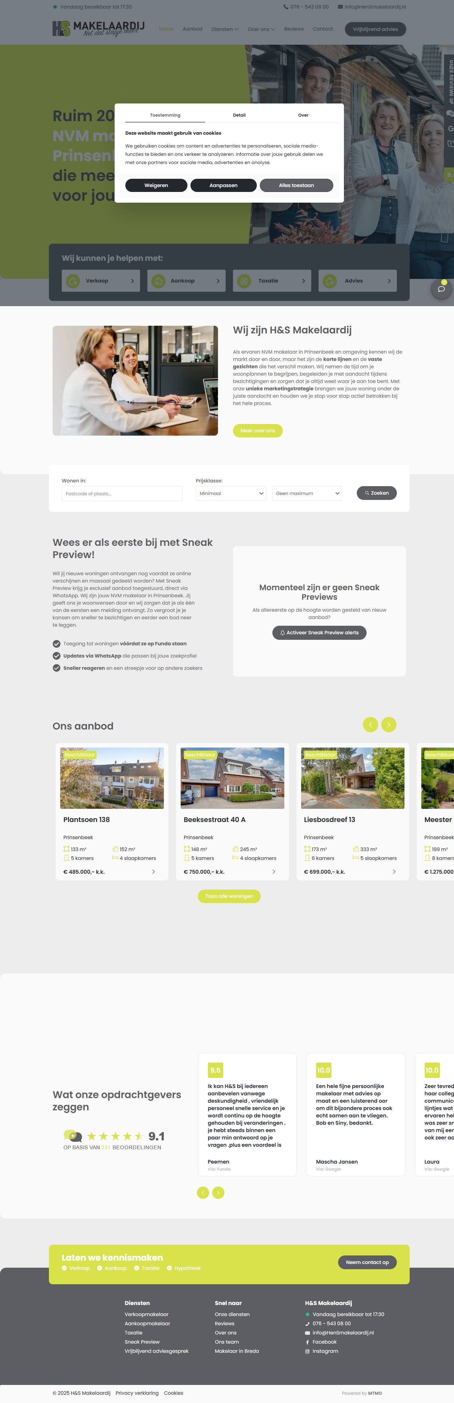 Screenshot van de website van www.hensmakelaardij.nl