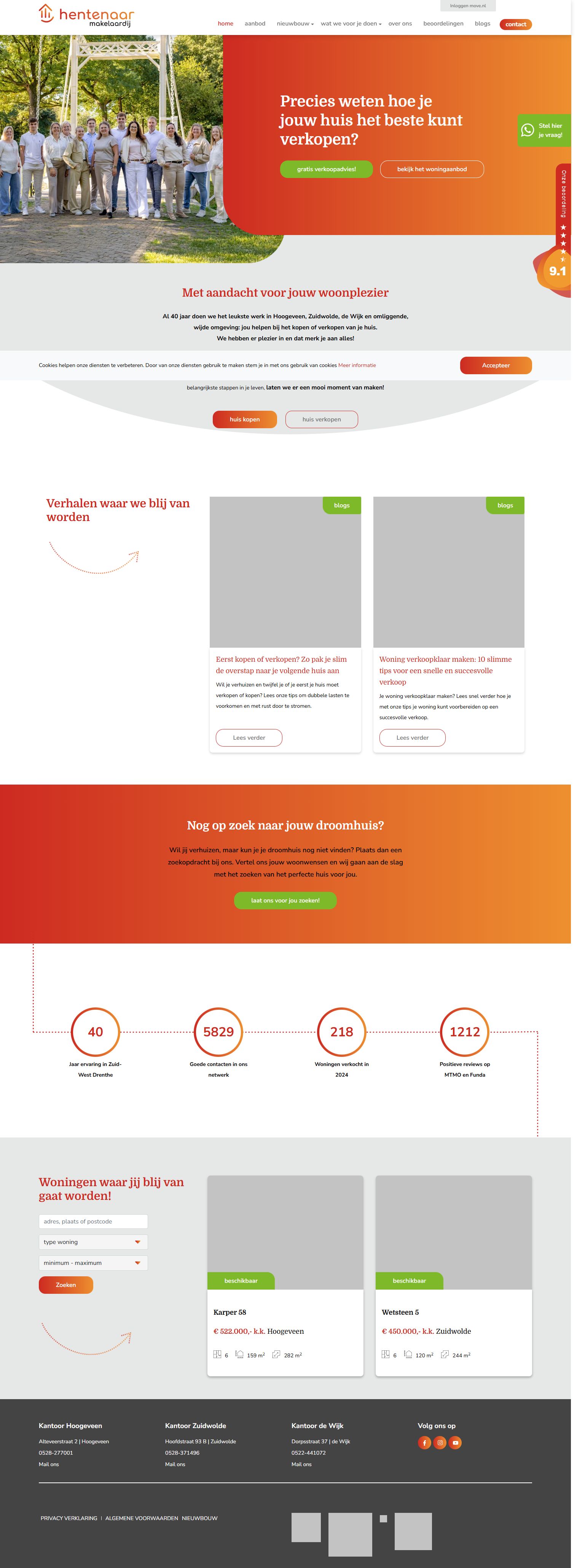 Screenshot of the website of www.hentenaarmakelaardij.nl