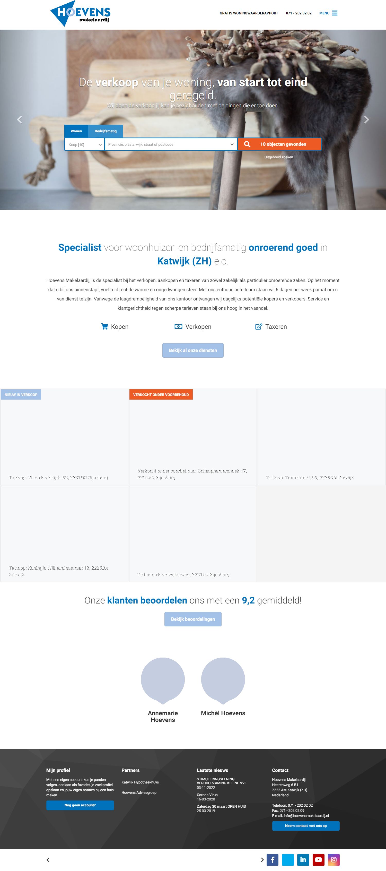 Screenshot van de website van www.hoevensmakelaardij.nl