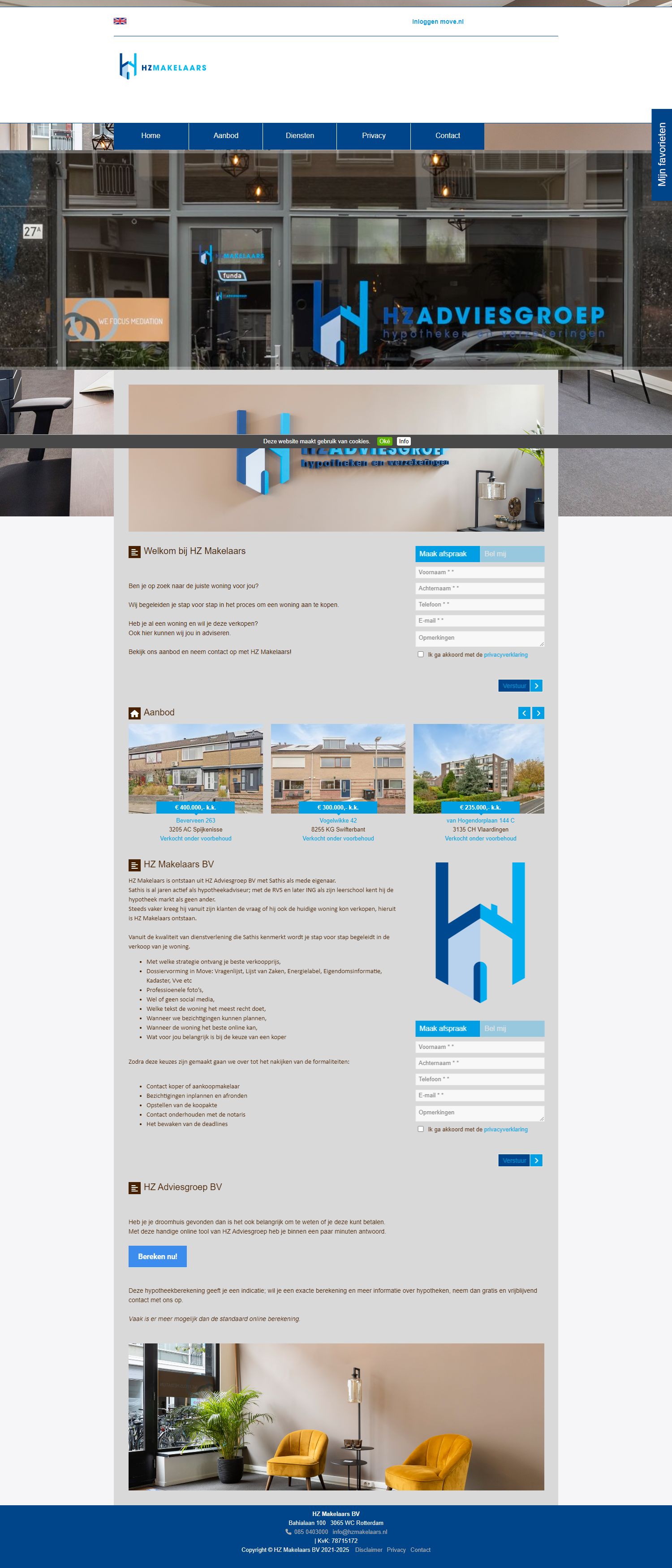 Screenshot van de website van www.hzmakelaars.nl