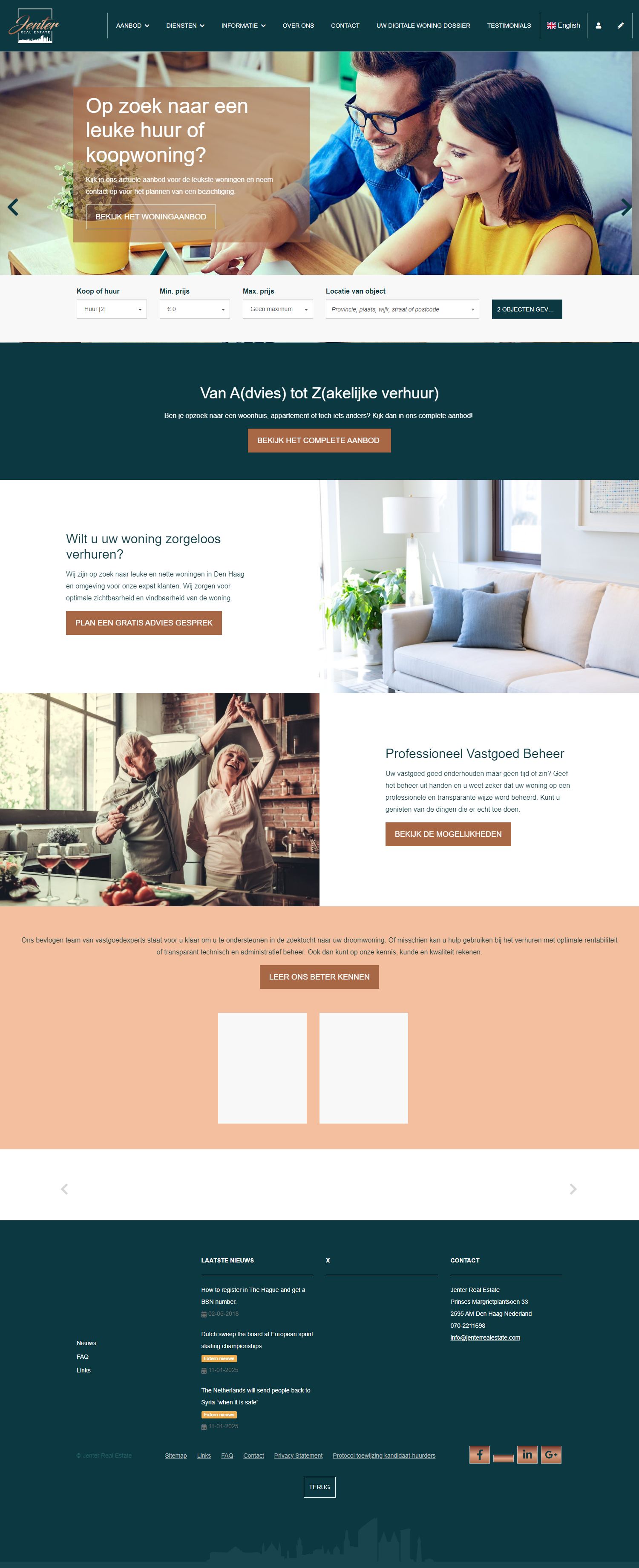 Screenshot van de website van www.jenterrealestate.nl
