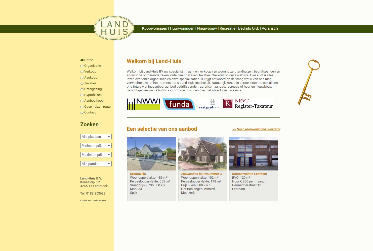 Screenshot van de website van www.land-huis.nl