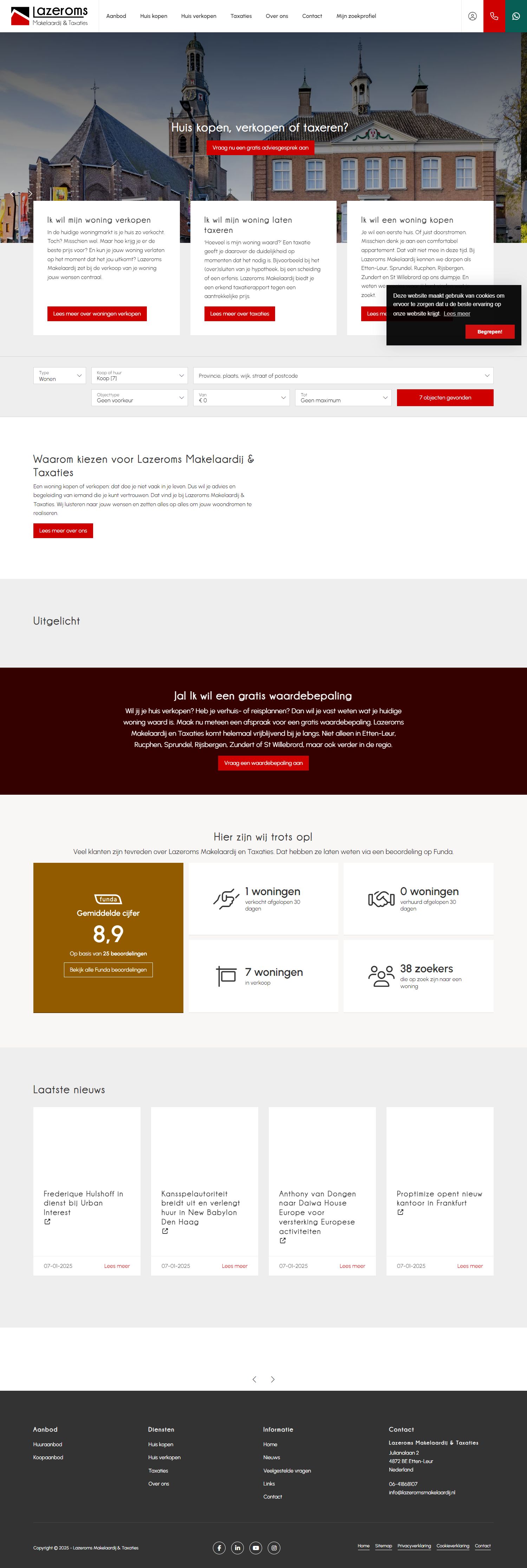 Screenshot van de website van www.lazeromsmakelaardij.nl