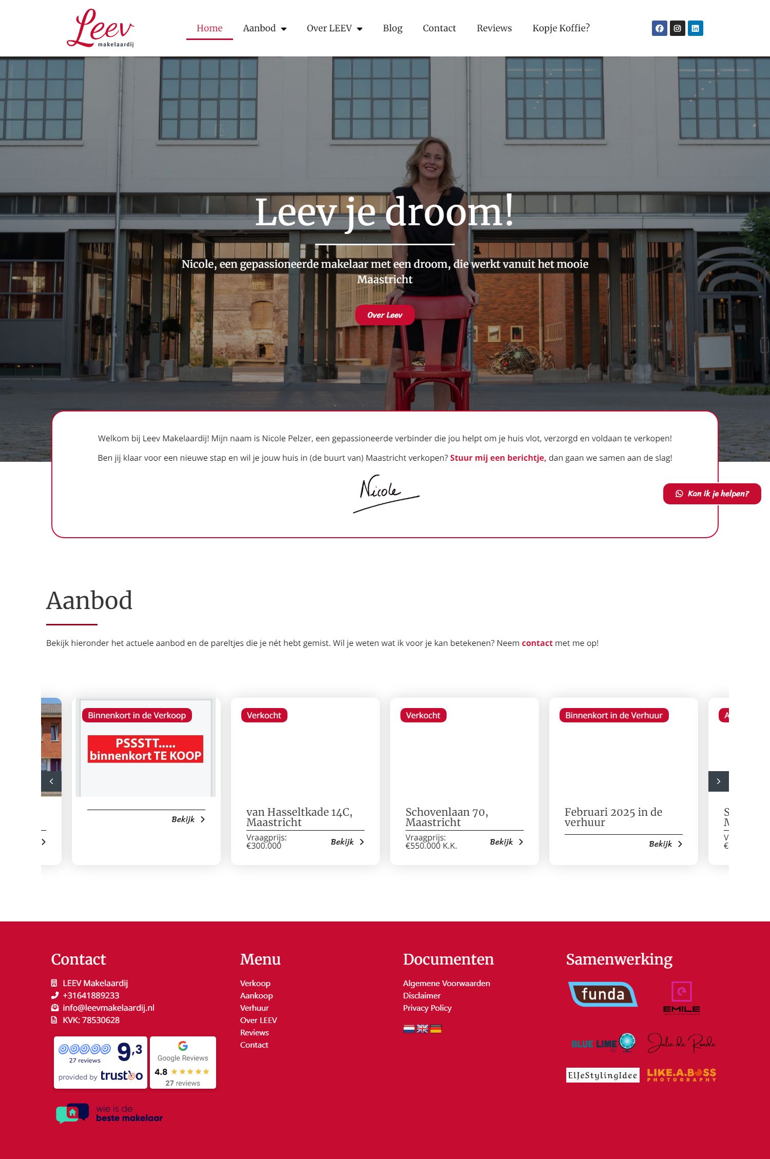 Screenshot van de website van leevmakelaardij.nl