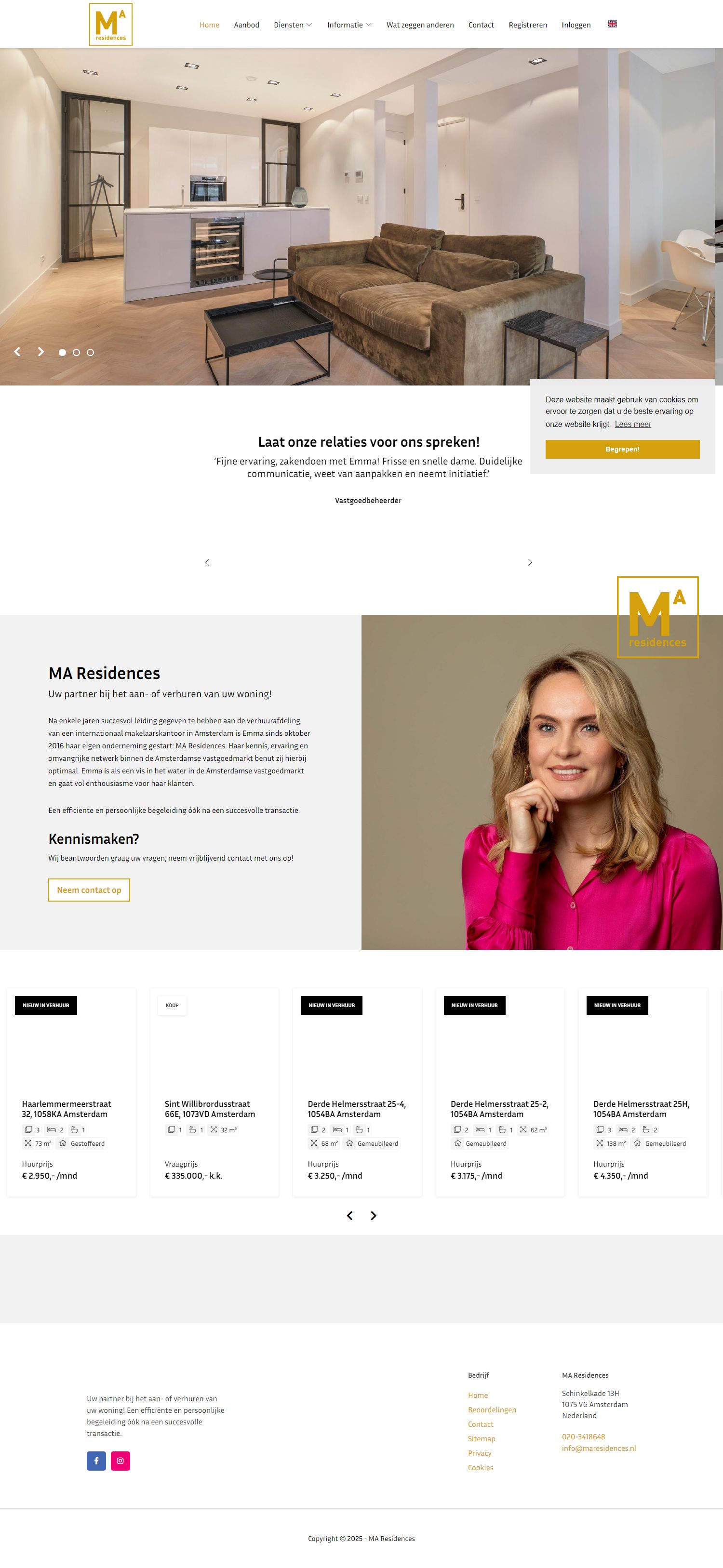 Screenshot van de website van www.maresidences.nl