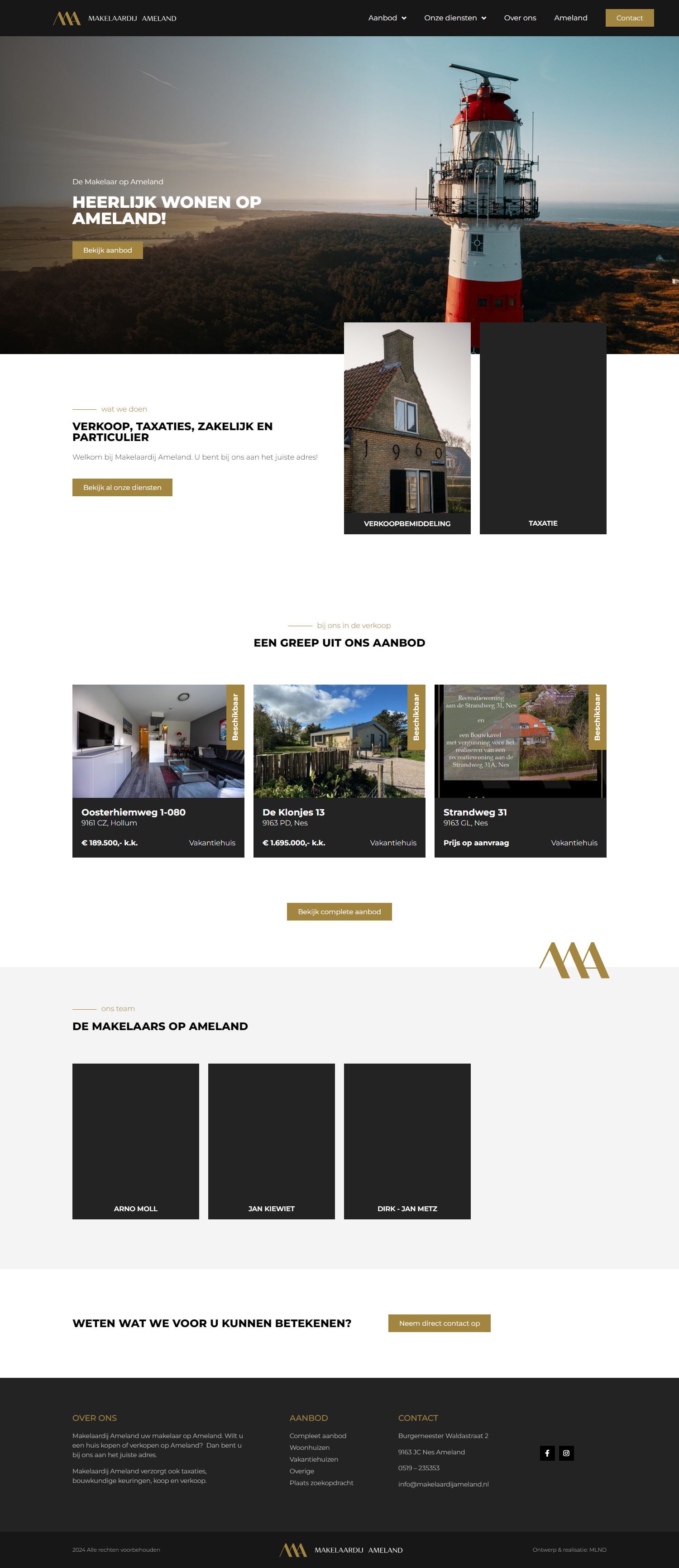 Screenshot van de website van www.makelaardijameland.nl