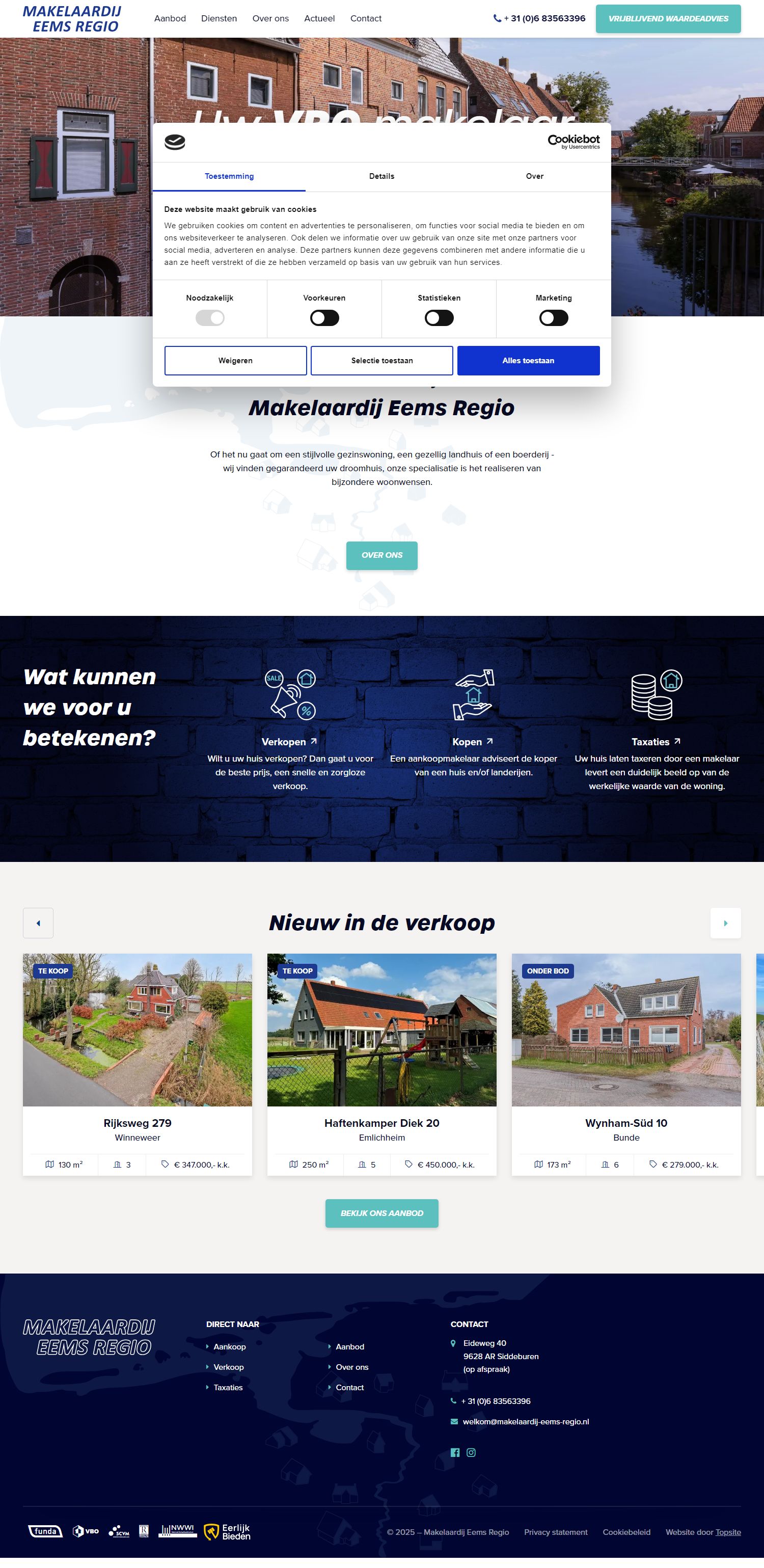 Screenshot van de website van www.makelaardij-eems-regio.nl