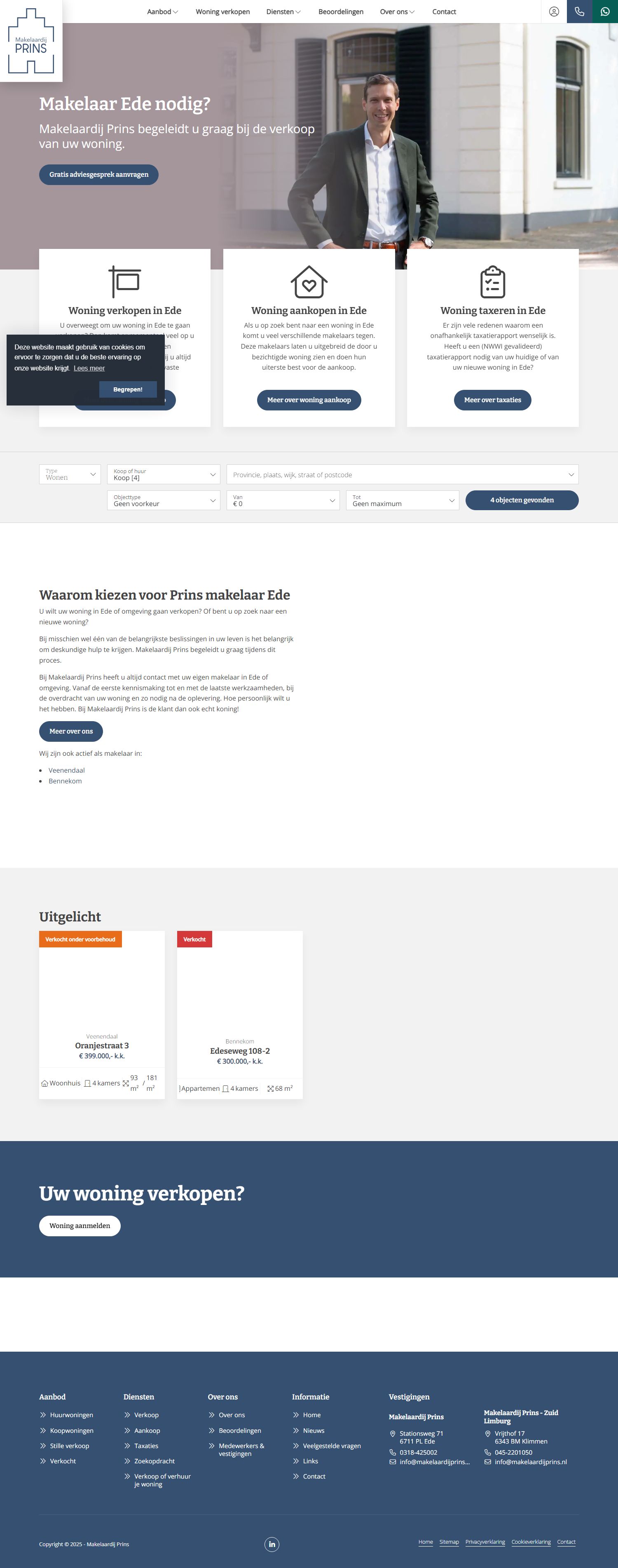 Screenshot van de website van www.makelaardijprins.nl