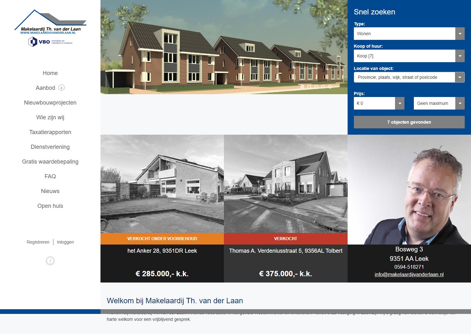 Screenshot van de website van www.makelaardijvanderlaan.nl