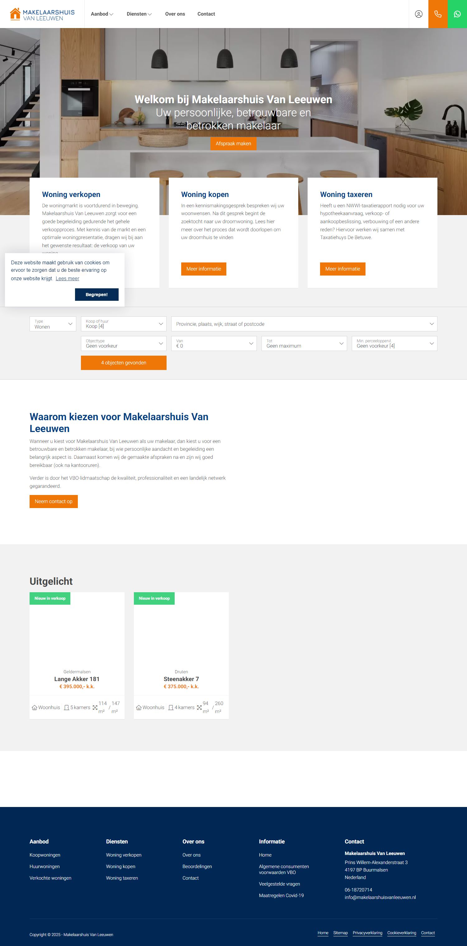 Screenshot van de website van www.makelaarshuisvanleeuwen.nl