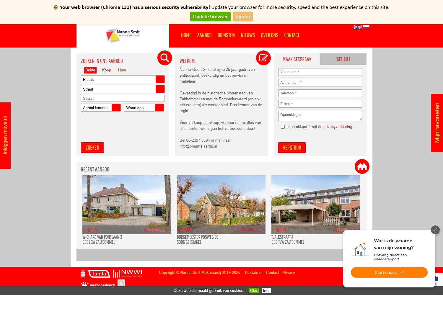 Screenshot of the website of nannesmitmakelaardij.nl