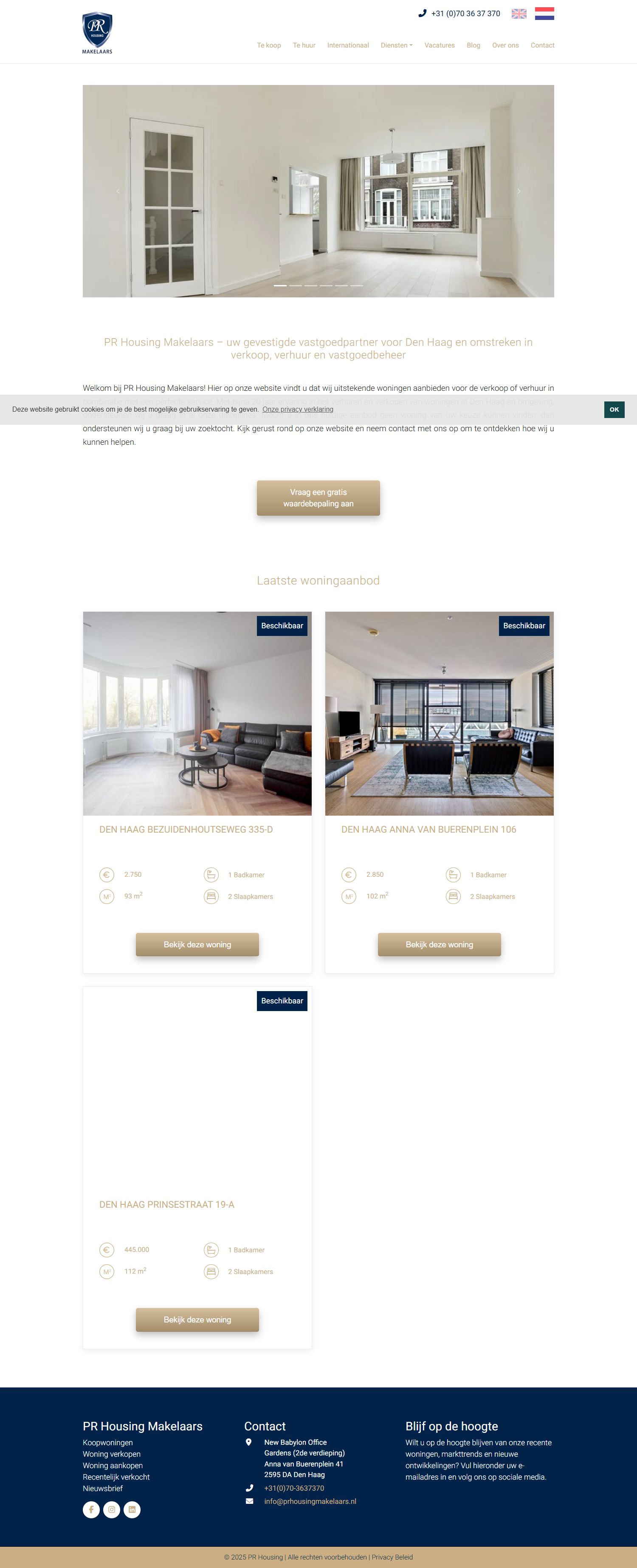 Screenshot van de website van www.prhousing.nl