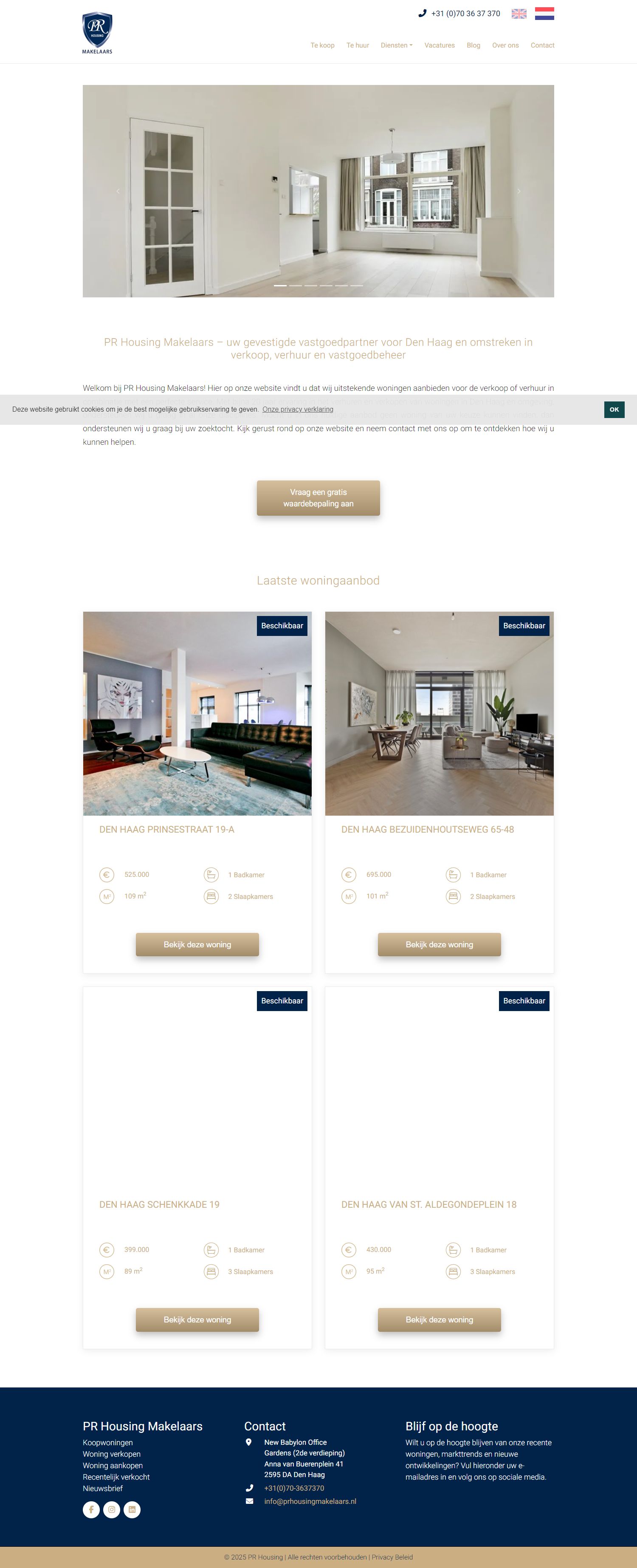 Screenshot van de website van www.prhousing.nl