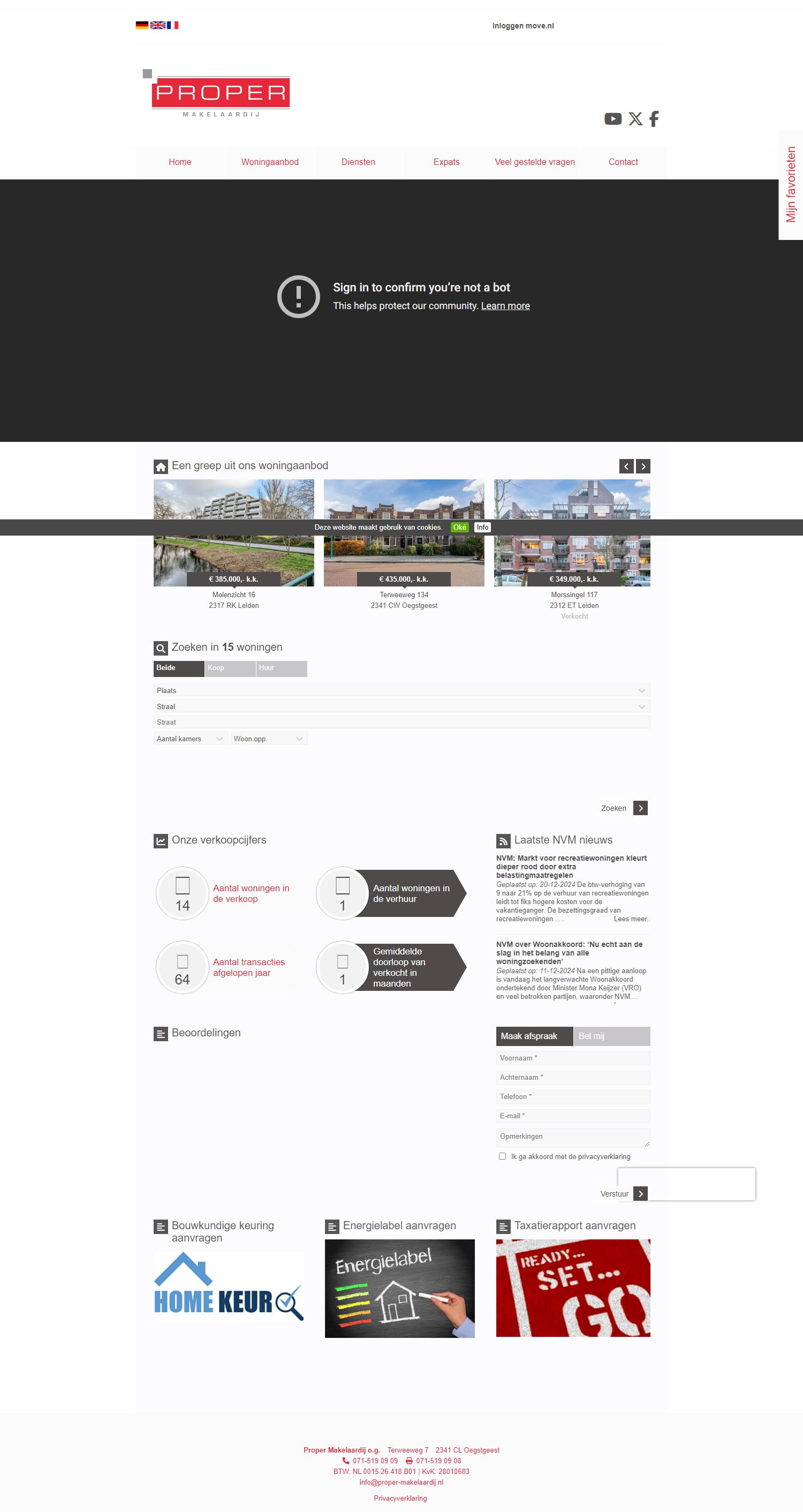 Screenshot van de website van www.proper-makelaardij.nl